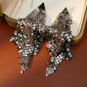 Statement silver triangle earrings with metallic mesh tassel design and modern finish