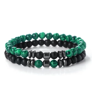 Double-layer 6mm beaded bracelet set featuring malachite, matte black, and hematite stones