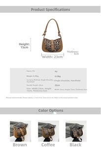 Detailed size chart and dimensions of the leopard print PU leather shoulder bag