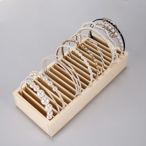 Wooden headband organizer tray with multiple slots for hair accessories and business cards