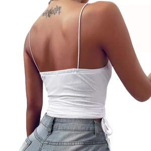 Women white drawstring backless crop top camisole with adjustable side lace-up details
