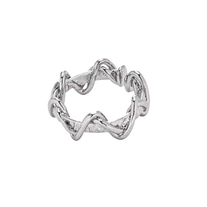 Minimalist silver geometric twisted ring with a sleek woven metal design for women