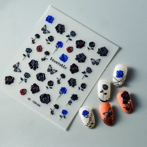 Detailed 5D embossed nail stickers with 3D blue roses and butterfly patterns