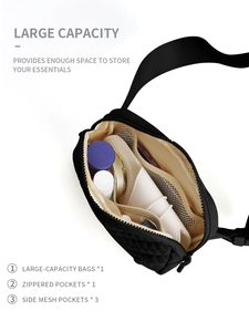 Internal view of black quilted waist bag showing main compartment and mesh pockets