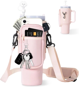 Pink 40oz tumbler carrier with phone pocket, zipper pouch and adjustable shoulder strap