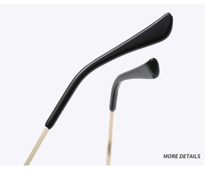 Detail view of cloud sunglasses gold metal temples with sleek black earpieces