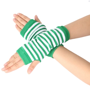 Detail of green and white striped knit fingerless gloves with thumb hole design