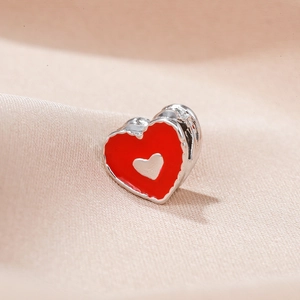 Red enamel double heart bead in silver finish for DIY jewelry bracelets making
