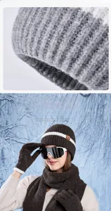 Detail of chunky knit winter set with thick lining and soft striped beanie texture