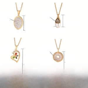 Detail showing four assorted stainless steel pendants with gold finish and measurements