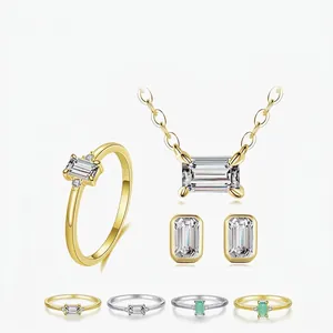 Luxurious S925 sterling silver emerald-cut gemstone necklace, ring, and earrings set