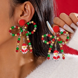 Christmas Earrings Santa Claus Pendant Beaded Bowknot Pom Pom Wreath Iron Earring Post Jewelry Women Holiday Accessory
