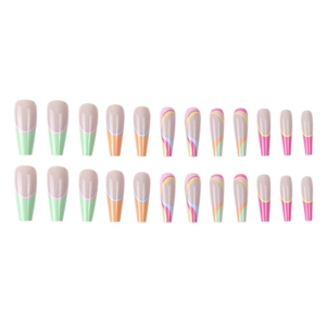 Vibrant 24-piece pop-art wave pattern coffin fake nails with colorful glossy finish