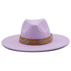 Detail of light purple wool fedora with brown leather band and silver rivet studs