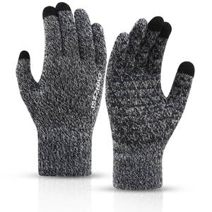 Winter knitted touchscreen gloves with anti-slip silicone dots and mixed grey yarn texture