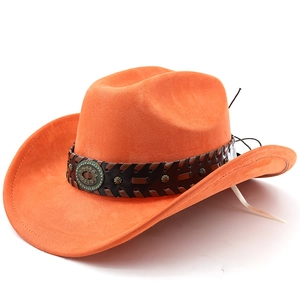 Detail of orange suede cowboy hat featuring leather band with studs and turquoise buckle