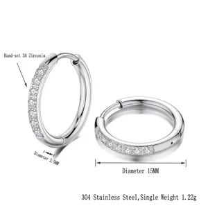 Polished 304 stainless steel hoop earrings with hand-set 3A cubic zirconia stones