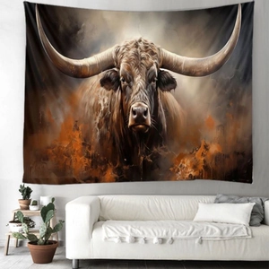 Artistic longhorn bull wall tapestry hung over a minimalist sofa in a modern room