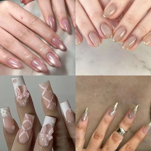 Press On Nails French Style Artificial Fake Nail Tips With 3D Bow Artificial Pearl Flower Cat Eye Design For Women Manicure DIY Beauty