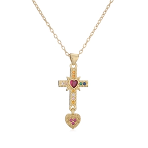 Retro 18K gold plated cross necklace with heart ruby and multi-colored zircons
