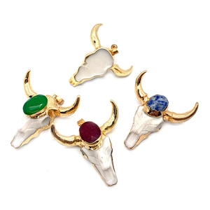 Bull head skull pendants with colorful oval stones and gold metal frames for DIY necklaces