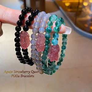 Natural Agate Strawberry Quartz Pixiu Double Layer Beaded Bracelet Chinese Style Lucky Charm Bangle Jewelry