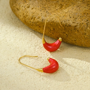 Elegant C-shaped red marble enamel drip earrings with 18K gold plated hooks for women