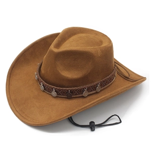 Detail of vintage brown cowboy hat with woven decorative band and adjustable chin strap