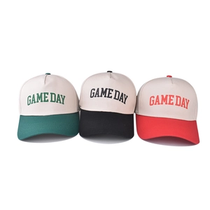 Three multi-color GAME DAY baseball caps in green, black, and red combinations