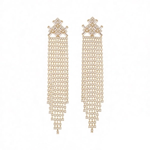 Vintage gold tassel earrings with sparkling crystals and a geometric V-shaped luxury design
