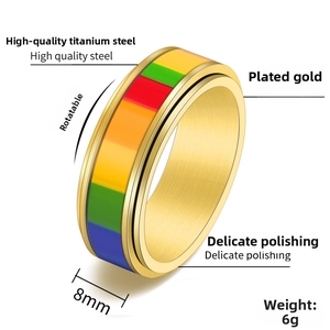 Dettaglio dell'anello girevole da 8mm in titanio dorato con inserto arcobaleno rotante