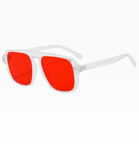 Detail view of transparent white sunglasses frame with red lenses and CE marking