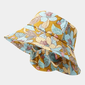 Floral outdoor sun hat with wide brim and neck protection flap in ginger yellow color