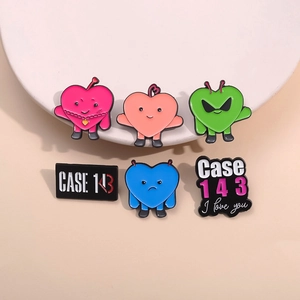 Set of 6 colorful heart-shaped enamel pins featuring CASE 143 cartoon monster designs