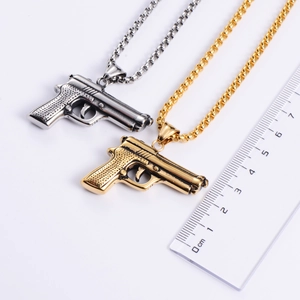 Retro stainless steel handgun pendants in gold and silver finish with square link chain
