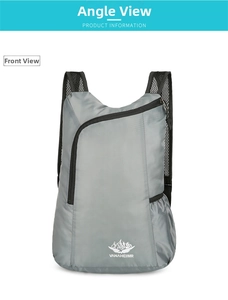 Front view of grey foldable hiking backpack with water-resistant ripstop nylon texture