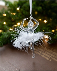 Elegant acrylic ballet dancer Christmas tree ornament with white feather skirt detail