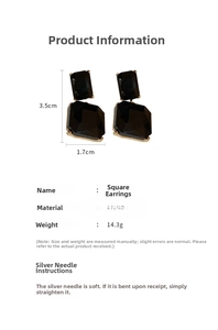 Detail view of black crystal square earrings showing 3.5cm x 1.7cm dimensions and weights