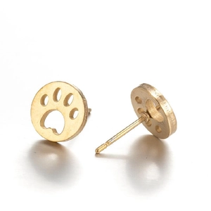 Minimalist golden stainless steel round stud earrings with hollow animal paw print design