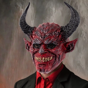 Realistic red Satan devil mask with large black horns for Halloween costumes