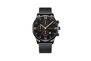 Detail of Geneva black mesh watch with rose gold Roman numerals and date display