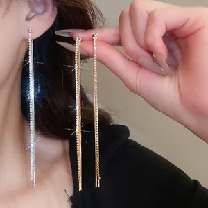 Long Tassel Dangle Earrings Rhinestone Copper 18K Gold Plated With 925 Sterling Silver Earring Post Elegant Jewelry Women