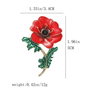 Detailed size chart for red enamel flower brooch with green leaves and gold stem dimensions