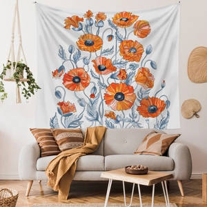 Artistic orange poppy floral tapestry hanging above a modern living room sofa
