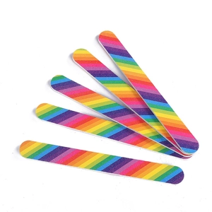 Five professional rainbow striped nail files arranged in a fan shape on white background