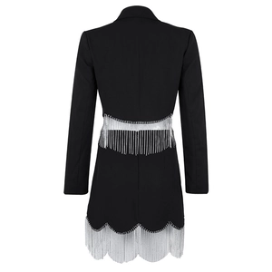 Women's black long sleeve blazer dress with silver rhinestone fringe on the back