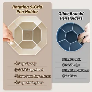 Rotating beige desk organizer with 9 compartments and 360-degree swivel base