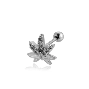 Macro detail of silver stainless steel stud earring featuring a leaf-shaped zircon design