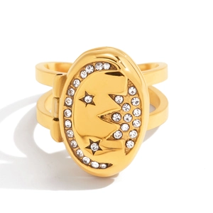 Detail of an openable 18K gold-plated square photo locket ring with moon and star relief