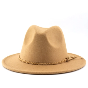Close-up of khaki suede jazz hat with woven tassel band and wide brim detail